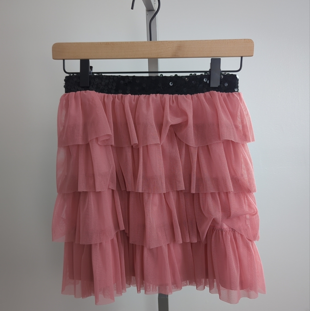 Candies Mini Skirt Womens XSmall Flowy Layered Lightweight Sequins Fairy Pink
